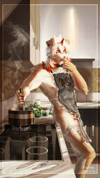 9:16 absurd_res adios_(pixiv) anthro apron apron_only arknights canid canine clothing cooking felid fur genitals girly hair hi_res horn hung_(arknights) looking_at_viewer male male_only mammal mostly_nude multicolored_body multicolored_fur multicolored_hair orange_body orange_fur orange_hair penis solo white_body white_fur white_hair