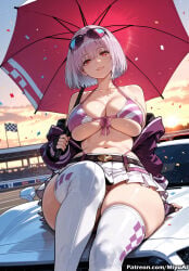 1girl ai_assisted ai_generated bangs bare_shoulders beach_umbrella bikini blush breasts cleavage collarbone confetti cross-section curvaceous curvy curvy_female curvy_figure eyebrows_visible_through_hair eyewear_on_head female holding holding_umbrella large_breasts lips long_sleeves looking_at_viewer miyuai navel oriental_umbrella parasol parted_lips race_queen rain red_eyes red_umbrella shinjou_akane shiny shiny_skin short_hair sitting skindentation skirt smile solo sunglasses swimsuit thick thick_ass thick_butt thick_hips thick_legs thick_thighs thighhighs thighs umbrella underboob voluptuous voluptuous_female white_hair white_legwear wide_hips wide_thighs