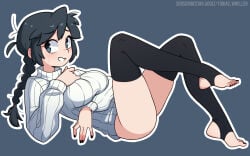 1girls 2025 2d black_hair black_thighhighs blush braided_hair braided_ponytail breasts female female_focus female_only highres lucia_(scott_malin) lying lying_on_back no_panties oc original original_character outline ponytail scott_malin simple_background smile solo solo_female solo_focus sweater thighhighs thighs tobias_wheller