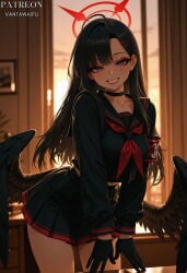 1girl ahoge ai_generated armband artist_name asymmetrical_bangs black_choker black_clothes black_gloves black_hair black_sailor_collar black_serafuku black_shirt black_skirt black_wings blue_archive blush breasts choker clothing cowboy_shot feathered_wings feathers female gloves grey_eyes grin hair_ornament hairclip halo ichika_(blue_archive) indoors leaning_forward long_hair long_sleeves looking_at_viewer low_wings nakamasa_ichika neckerchief pleated_skirt red_armband red_halo red_neckerchief sailor_collar school_uniform serafuku shirt skirt smile solo sunset twitter_username uniform vantawaifu window wings