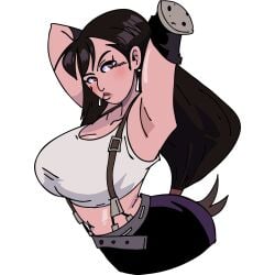 1:1 1girl 2026 2k arm_behind_head arm_up black_hair brown_eyes cleavage earrings final_fantasy final_fantasy_vii half_body highres lesorgnsfw looking_at_viewer png simple_background solo tagme tifa_lockhart white_background