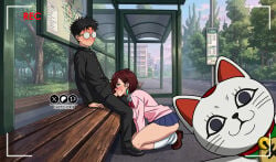ayase_momo black_hair brown_hair bus_stop dandadan glasses kneeling oral_sex selfie sex side_view sketchdrif takakura_ken_(okarun) thighs turbo_granny_(dandadan)