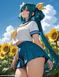 1girl ai_generated arlequin097 blue_hair blue_sailor_collar blue_skirt blue_sky breasts closed_mouth cloud crop_top crop_top_overhang day dizzy_(guilty_gear) field flower flower_field guilty_gear guilty_gear_strive hair_ribbon hair_rings large_breasts lips long_hair midriff midriff_peek miniskirt neckerchief outdoors pleated_skirt red_eyes ribbon sailor_collar school_uniform serafuku shirt short_sleeves skirt sky smile solo standing sunflower sunflower_field thick_thighs thighs twintails very_long_hair white_shirt yellow_flower yellow_neckerchief yellow_ribbon