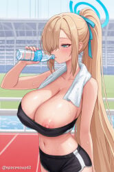 1girl ai_generated alternate_costume asuna_(blue_archive) bandeau black_shorts black_sports_bra blonde_hair blue_archive blue_eyes blue_ribbon blush bottle breasts cleavage collarbone drinking hair_over_one_eye hair_ribbon halo high_ponytail holding holding_bottle huge_breasts large_breasts light_brown_hair long_hair midriff mole navel nipple_slip nipples one_eye_covered ponytail ribbon short_shorts shorts solo sports_bra sportswear stomach strapless sweat towel towel_around_neck tube_top very_long_hair water_bottle