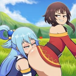 2girls ai_generated aqua_(konosuba) blue-haired_female blue_hair brown-skinned_female brown_hair clothed eyes_open kissing_ass kissing_butt kono_subarashii_sekai_ni_shukufuku_wo! konosuba light-skinned light_blue_hair light_skin long_hair looking_back megumin novelai open_eyes outdoors outside short-haired_female short_hair side_view smug_expression smug_face smug_smile