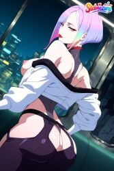 1girl ai_assisted ai_generated ass bangs bare_shoulders bodysuit breasts butt_crack cyberpunk:_edgerunners cyberpunk_(series) cyberpunk_2077 from_behind hip_vent jacket large_breasts leotard looking_at_viewer looking_back lucy_(cyberpunk) lucyna_kushinada makeup multicolored_hair night nipples open_clothes open_jacket parted_bangs patreon purple_hair red_lips short_hair solo solo_focus stelmazura waifu white_jacket window