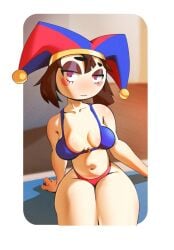 1girls 2026 3zoom bikini blue_bikini blue_eyes blush blushing breasts brown_eyeshadow brown_hair cleavage female female_only jester_hat pomni_(the_amazing_digital_circus) red_bikini red_eyes short_hair sitting swimsuit the_amazing_digital_circus thighs white_border