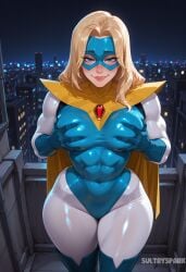 1girl abs ai_generated artist_name blonde_blazer blonde_hair blue_eyes blue_gloves bodysuit boots breasts cape city cityscape covered_abs covered_navel dispatch_(game) futarush gloves grabbing_own_breast large_breasts leotard lips long_hair looking_at_viewer mask muscular muscular_female night patreon patreon_username seductive_smile skin_tight sky smile solo sultryspark superhero thick_thighs thighs wide_hips