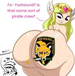 1girls ass big_ass big_booty big_butt booty butt crossover curvydoodles emblem emblem_on_body foxhound green_hair huge_ass metal_gear_solid pale-skinned_female princess_zelda solid_snake solo solo_female text the_legend_of_zelda toon_zelda yellow_hair