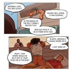 accidental_exposure anal anal_sex blush blushing_profusely bottomless caught_in_the_act cocky cowgirl_position flustered_male gay gay_sex mick_mundy power_bottom scout_(team_fortress_2) smug_grin sniper_(team_fortress_2) spy_(team_fortress_2) team_fortress_2 thrusting_into_ass trembling warrumbungle-0 yaoi younger_penetrating_older