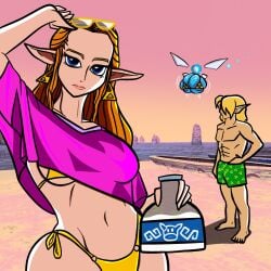 1boy 2girls beach beach_background bikini breasts curvydoodles gta_vi_cover_girl huge_breasts link link_(ocarina_of_time) lon_lon_milk meme navi princess_zelda sexy sexy_female shirt swimsuit the_legend_of_zelda zelda_(ocarina_of_time)