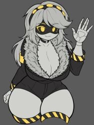 1girls boobs breasts female female_focus female_only grey_background grey_hair murder_drones robot_girl robot_humanoid solo solo_female solo_focus thick_thighs thighs v_(murder_drones) waving yellow_eyes
