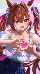 1girl bare_shoulders blue_eyes blue_skirt brown_hair cleavage daiwa_scarlet_(umamusume) fang heart heart_hands horse_ears horse_girl large_breasts long_hair looking_at_viewer miuyorumi open_mouth red_eyes smile solo tiara twintails umamusume umamusume_pretty_derby very_long_hair white_shirt