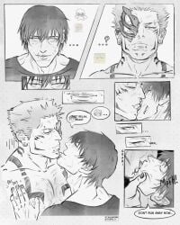 2boys bara dilf english_text face_grab french_kiss gay gay_kissing height_difference jujutsu_kaisen kissing licking_lips looking_up making_out male male/male male_only mature_male muscular muscular_male ryoumen_sukuna_(jujutsu_kaisen) scar shirtless shirtless_male toji_fushiguro tongue_kiss villain yaoi