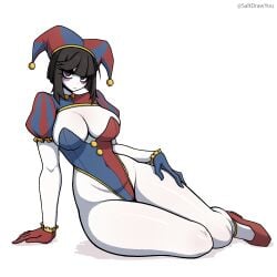 1girls breasts female female_focus female_only large_breasts light-skinned_female light_skin looking_at_viewer pomni_(the_amazing_digital_circus) saltdrawyou solo the_amazing_digital_circus thick_thighs thighs white_background wide_hips