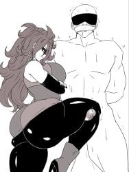 2026 2d android_21 android_21_(human) anonymous_male armwear blindfold blindfolded blindfolded_male clothed clothed_female clothed_female_nude_male curvy darwaarts dragon_ball dragon_ball_fighterz female femdom gag gagged gagged_male hi_res kneepit_sex kneepits large_ass large_breasts long-haired_female long_hair male male/female malesub monochrome nude nude_male penis simple_background spandex spandex_pants straight thick_ass thick_female thick_thighs thighjob tight_clothing white_background
