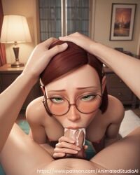 1girl ai_generated belly_button body_blush breasts brown_hair cum cum_in_mouth cum_on_lips cum_on_tongue deepthroat dripping erect_penis explicit fellatio from_above genital_focus glasses green_eyes half-closed_eyes hands_on_head highres holding_head kneeling large_breasts linda_gunderson looking_at_viewer male_penis messy navel nipples nude oral oral_sex penis pov puffy_nipples saliva shiny_skin short_hair thick_thighs wet_skin