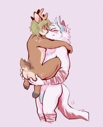 anthro antlers blush blush_stickers cervid chest_tuft closed_eyes duo fan_character flaccid genitals green_hair hair hand_on_butt hands_behind_head hi_res holding_character horn hug humanoid_genitalia humanoid_penis kissing lifting long_penis male male_only mammal penis pink_background scut_tail simple_background smile standing tohfu tuft uncut