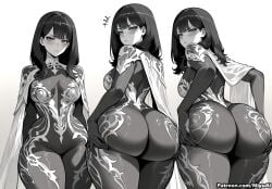 1girl ai_assisted ai_generated armor ass ass_grab ass_support back bangs blush bodysuit breasts cape china_dress cross-section curvaceous curvy curvy_female curvy_figure dress female from_behind greyscale huge_ass large_breasts long_hair looking_at_viewer looking_back miyuai monochrome multiple_views pauldrons shinjou_akane shoulder_armor tattoo thick thick_ass thick_butt thick_hips thick_legs thick_thighs thighhighs thighs voluptuous voluptuous_female wide_hips wide_thighs