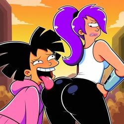 2girls ai_generated amy_wong asian asian_female ass_lick ass_licking big_ass big_butt black-haired_female black_hair bubble_ass bubble_butt butt_lick clothed cyclops cyclops_female cyclops_girl eye_open eyes_open futurama hand_on_own_hip licking_ass licking_butt light-skinned light_skin looking_back mouth_open novelai one_eye open_eye open_eyes open_mouth outdoors outside ponytail ponytail_female purple-haired_female purple_hair short_hair short_hair_female tongue tongue_out turanga_leela upper_teeth upper_teeth_only
