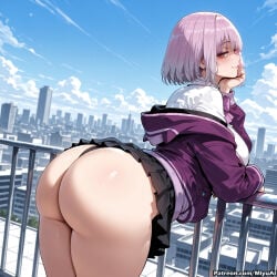 1girl ai_assisted ai_generated ass bangs black_skirt blue_sky bow breasts building city cloud cross-section curvaceous curvy curvy_female curvy_figure day eyebrows_visible_through_hair female hand_on_own_face jacket large_breasts light_purple_hair long_sleeves looking_at_viewer looking_back miniskirt miyuai off_shoulder outdoors pleated_skirt purple_jacket railing red_eyes shinjou_akane shirt short_hair skirt skirt_lift sky smile solo thick thick_ass thick_butt thick_hips thick_legs thick_thighs thighs voluptuous voluptuous_female white_shirt wide_hips wide_thighs