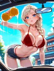 1girls ai_generated arczisan bangs beautiful_female blonde-haired_female blonde_pigtails blue_eyes blush breasts_pressed_on_glass bubble car car_wash cartoon carwash daytime disney disney_channel disney_princess elsa_(frozen) fantasy female_employee frozen_(disney) frozen_(film) frozen_2 glass gorgeous heavenly_face heroine hot job large_breasts lips looking_down_at_viewer miniskirt navel nice_body pigtails red_bikini seductive seductive_pose sexy solo_focus sponge stable_diffusion summer superheroine voluptuous_female wet