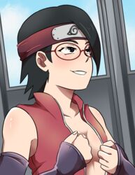 1girls black_eyes black_hair blush boruto:_naruto_next_generations breasts cleavage clothing eunnie female female female_only forehead_protector glasses grin headband jacket naruto naruto_(series) no_bra open_clothes open_jacket open_shirt sarada_uchiha seductive seductive_smile short_hair sideboob sleeveless_shirt sleeves small_breasts solo solo_female solo_focus undressing