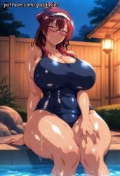 1girl ai_generated bokeh_background breasts curvy gaddariat greyrat huge_breasts large_breasts lillia_greyrat looking_at_viewer mushoku_tensei patreon school_swimsuit shy_smile slim_waist solo steam voluptuous