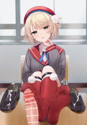 1girl after_ejaculation bar_censor beret blonde_hair blurry blurry_background blush censored chair commentary_request crossed_ankles cum_on_shoe feet feet_on_table foot_focus footjob footjob_with_legwear full_body green_eyes grey_jacket hair_ornament hat highres indie_virtual_youtuber indoors jacket kou_futoshi loafers long_sleeves looking_at_viewer medium_hair no_shoes on_chair open_mouth paid_reward_available penis pinstripe_jacket pinstripe_pattern pom_pom_(clothes) pom_pom_hair_ornament pov pov_across_table red_hat red_socks school_uniform shadow shigure_ui_(1st_costume)_(vtuber) shigure_ui_(vtuber) shirt shoes sitting sleeves_past_wrists socks soles toes unworn_shoes variant_set virtual_youtuber white_shirt window