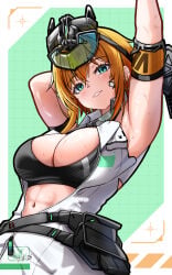 1girls 2020s 2026 2d 2d_(artwork) 2d_artwork armband armpits artist_request blonde blonde-haired_female blonde_female blonde_hair blonde_hair_female blush blush_lines blushing blushing_at_viewer blushing_female date dated earrings eyebrows eyebrows_visible_through_hair eyelashes eyelashes_behind_hair eyelashes_through_hair female female_focus female_only goddess_of_victory:_nikke matis_(nikke) maxwell_(nikke) nikke not_ai not_ai_generated not_furry questionable shift_up smile_at_viewer solo solo_female solo_focus sweat sweating sweaty_breasts visible_teeth zipper zipper_down