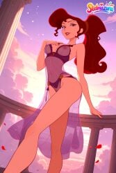 1girl ai_assisted ai_generated breasts brown_hair cloud disney disney_princess hand_on_own_chest lingerie long_hair looking_at_viewer makeup medium_breasts megara megara_(disney) navel nipples panties patreon petals pillar ponytail purple_eyes red_hair see-through sky smile solo stelmazura underwear