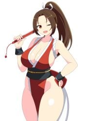 1girl absurdres bare_hips bare_shoulders big_breasts breasts brown_eyes brown_hair cleavage collarbone commentary_request fan fatal_fury folded_fan folding_fan hand_fan hand_on_own_hip high_ponytail highres holding holding_fan japanese_clothes kimono king_of_fighters kunoichi kunoichi_day large_breasts long_hair mai_shiranui open_mouth ponytail red_kimono shiranui_mai simple_background snk solo tanikan0120 teeth the_king_of_fighters thick_thighs thighs tongue upper_teeth_only white_background wrist_guards