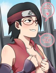 1girls black_eyes black_hair blush boruto:_naruto_next_generations breasts cleavage clothing dialogue english_text eunnie female female_only forehead_protector glasses grin headband imminent_sex jacket naruto naruto_(series) no_bra open_clothes open_jacket open_shirt sarada_uchiha seductive seductive_smile short_hair sideboob sleeveless_shirt sleeves small_breasts solo solo_female solo_focus text undressing uzumaki_naruto