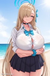 1girl ai_generated arms_under_breasts asuna_(blue_archive) asymmetrical_bangs beach black_choker black_skirt black_thighhighs blonde_hair blue_archive blue_bow blue_eyes blue_ribbon blue_sky bow bowtie bra_visible_through_clothes breasts button_gap choker cleavage collared_shirt crossed_arms day grin hair_over_one_eye hair_ribbon halo huge_breasts large_breasts light_brown_hair long_hair looking_at_viewer miniskirt ocean outdoors parted_lips pleated_skirt ribbon school_uniform scrunchie shirt skirt sky smile solo thick_thighs thighhighs thighs very_long_hair white_shirt wrist_scrunchie