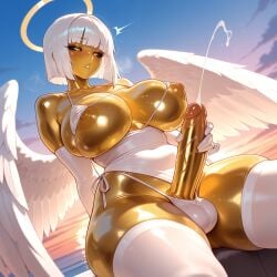 1futa ai_generated angel angel_wings bangs bikini blunt_bangs blush breasts clauss colored_sclera colored_skin cum dark_skin ejaculation elbow_gloves erection futanari gloves halo masturbation nipples original_character parted_lips penis shiny shiny_skin short_hair sitting sky solo sunset swimsuit testicles thighhighs uncensored white_gloves white_hair white_thighhighs wings