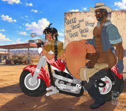 1boy 1girls african_american ass big_ass black_hair braided_hair braided_pigtails bread couple cowboy_hat dark-skinned_female dark-skinned_male dark_skin desert from_behind from_behind_position gas_station huge_ass interracial love mika_little_moon montana_walker motorbike motorcycle native_american native_american_female original_character plap_(sound) pleasure_face sex sex_from_behind sex_on_motorcycle thick_ass tobmask_bear