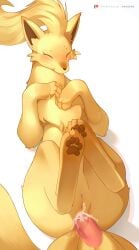 1girl ^_^ anal ancesra animal_focus animal_sexualization artist_name bestiality blonde_hair blush cleft_of_venus clitoral_hood closed_eyes cum cum_in_ass disembodied_penis erection feet fox from_above full_body hands_on_own_chest happy happy_sex hetero highres large_variant_set legs_up long_hair lying multiple_tails ninetales no_humans non-web_source on_back open_mouth own_hands_together patreon_logo patreon_username pawpads penis pokemon pokemon_(creature) pussy sex simple_background smile soles solo_focus tail uncensored variant_set watermark web_address white_background zoophilia