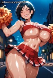 abs ada_wong ada_wong_(adriana) ai_generated bokeh_background breasts cheerleader_outfit gaddariat huge_breasts jumping large_breasts looking_at_viewer milf motion_blur muscle muscular patreon pom_poms resident_evil resident_evil_2 resident_evil_2_remake resident_evil_3 resident_evil_4 resident_evil_4_remake resident_evil_8:_village skirt_flip solo