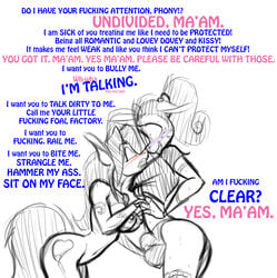 1boy 1girls angry anthro ass ball_grab balls blush breasts clothed clothed/nude clothed_male_nude_female clothing dialogue domination english_text equid equine eye_contact female female_domination femboy femboy_on_female femdom furry genitals girly hair hetero hi_res horn horse jrvanesbroek looking_at_another male male/female mammal my_little_pony navel nipples nude original_character panties phony_tail_(oc) pony ponytail power_bottom profanity scared screaming sketch straight tailless text underwear unicorn wide_hips wishy_washy