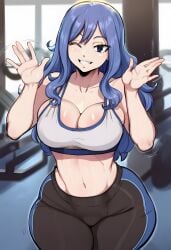 ai_generated at big_ass big_boobs big_breasts big_thighs blue_hair cleavage curvaceous curvaceous_body curvaceous_female curvaceous_figure curvaceous_thighs curvy fairy_tail gym gym_clothes gym_uniform huge_ass huge_breasts juvia_lockser light-skinned_female looking narrow_waist one_eye_closed smile soujii standing thick_ass thick_thighs viewer waving wide_hips