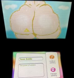 1girls 3ds ass big_ass curvydoodles huge_ass nintendo_3ds painting painting_(artwork) princess_zelda solo solo_female the_legend_of_zelda toon_zelda triforce_mark