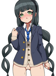 black_hair blush chabashira_tenko clothing danganronpa danganronpa_v3 dark_hair green_eyes kerokero00frog long_twintails looking_at_viewer nervous new_danganronpa_v3 pussy school_uniform simple_background straight_hair sweat tie twintails