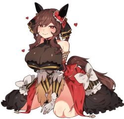 1girl bare_shoulders brown_hair gentildonna_(umamusume) horse_ears horse_girl horse_tail kneeling large_breasts looking_at_viewer oniiyanna oniyanna overskirt red_eyes see-through_cleavage smile solo umamusume umamusume_pretty_derby white_gloves