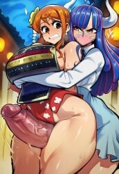 1futa 1girls ai_generated bare_arms bare_legs bare_shoulders bare_thighs big_breasts big_penis color female futa_on_female futanari hi_res hips horns huge_breasts huge_cock large_breasts light-skinned_female light_skin long_hair mask massive_breasts massive_penis multicolored_hair nami_(one_piece) one_piece orange_eyes orange_hair penis_between_thighs pink_eyes sexy sexy_body sexy_female shounen_jump thick_thighs thighs ulti_(one_piece) voluptuous voluptuous_female voluptuous_futa wide_hips yuuki