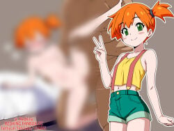 1boy 1girl akadama blur_censor blush_stickers censored closed_mouth collarbone commentary_request eyelashes green_eyes green_shorts hand_up hetero misty_(pokemon) navel orange_hair outline paid_reward_available pokemon pokemon_(anime) pokemon_(classic_anime) shirt shorts side_ponytail sleeveless sleeveless_shirt smile split_mouth suspenders v watermark yellow_shirt