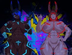 2girls abs absurdres arm_tattoo ass_visible_through_thighs black_hair blue_hair breasts brown_eyes cigarette closed_mouth commission completely_nude dark-skinned_female dark_skin demon_horns dim_lighting eyebrows_hidden_by_hair f.b.w graffiti hair_between_eyes hand_on_own_hip highres holding holding_smoking_pipe horns huge_breasts large_areolae leg_tattoo lips lipstick looking_at_viewer makeup medium_hair multicolored_hair multiple_girls nail_polish navel neon_palette nipples nude open_mouth original pink_eyes pubic_tattoo pussy red_hair short_hair single_horn skin-covered_horns smile smoking smoking_pipe stomach streaked_hair tattoo teeth toned toned_female two-tone_hair upper_teeth_only