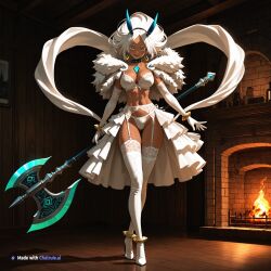 1girl 2d 4k 8k ai_assisted ai_generated alluring anime_style athletic attractive attractive_woman bare_midriff beautiful bedroom_setting big_booty blue_horns blush breasts cinematic_lighting clean_lineart cleavage close_up collarbone confident dark dark_lighting dark_skinned_female defined_jawline depth_of_field detailed_background detailed_face detailed_skin digital_illustration dim_lighting elegant erotic eye_makeup green_eyes white_eyelashes white_hair xenoblade_chronicles xenoblade_chronicles_2
