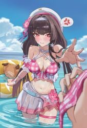 1girls black_hair blush chisa_(wuthering_waves) female female_focus female_only holding_swimsuit holding_unworn_clothes long_hair medium_breasts official_alternate_costume pink_swimsuit red_eyes see-through_clothing see-through_swimsuit solo solo_female swimsuit unworn_swimsuit wuthering_waves