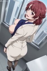 1girl :d ai_generated ass black_footwear black_pantyhose blue_lock blue_shirt braid breasts breasts_out brown_eyes brown_hair clothes_lift digitalwaifugallery earrings formal french_braid from_above from_behind hi_res high_heels high_quality high_resolution indoors jacket jewelry large_breasts long_sleeves looking_at_viewer looking_back mature_female nipples office_lady open_mouth pantyhose patreon pencil_skirt red_eyes red_hair seductive sexy shirt short_hair skirt skirt_suit smile solo standing suit teieri_anri uncensored watermark white_jacket white_skirt