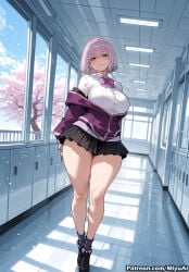 1girl ai_assisted ai_generated bangs black_skirt blush bow breasts button_gap collared_shirt copyright_name cross-section curvaceous curvy curvy_female curvy_figure eyebrows_visible_through_hair female jacket large_breasts light_purple_hair long_sleeves looking_at_viewer miniskirt miyuai outdoors pleated_skirt purple_bow purple_jacket railing red_eyes school_uniform shinjou_akane shirt short_hair skirt sky smile solo standing thick thick_ass thick_butt thick_hips thick_legs thick_thighs thighs voluptuous voluptuous_female white_shirt wide_hips wide_thighs